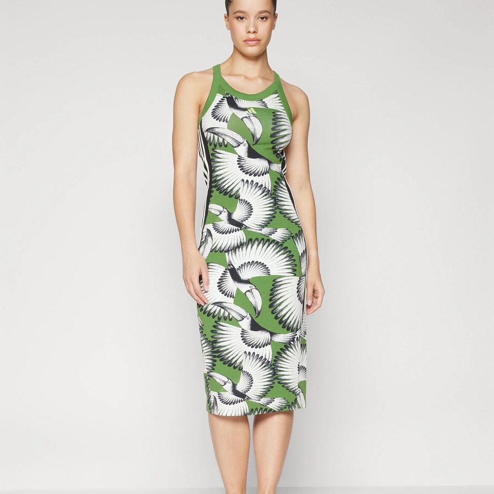 NWT Adidas x Farm Rio Jersey Farm Midi Dress in Cream White and Crew Green - Picture 2 of 11